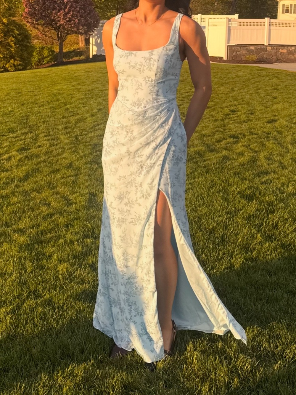 Azazie Blue Fern Floral Floor Length Dress with Slit